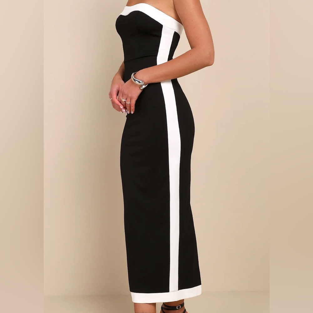 Lulus Black and White Strapless Midi Dress - Bodycon Cocktail